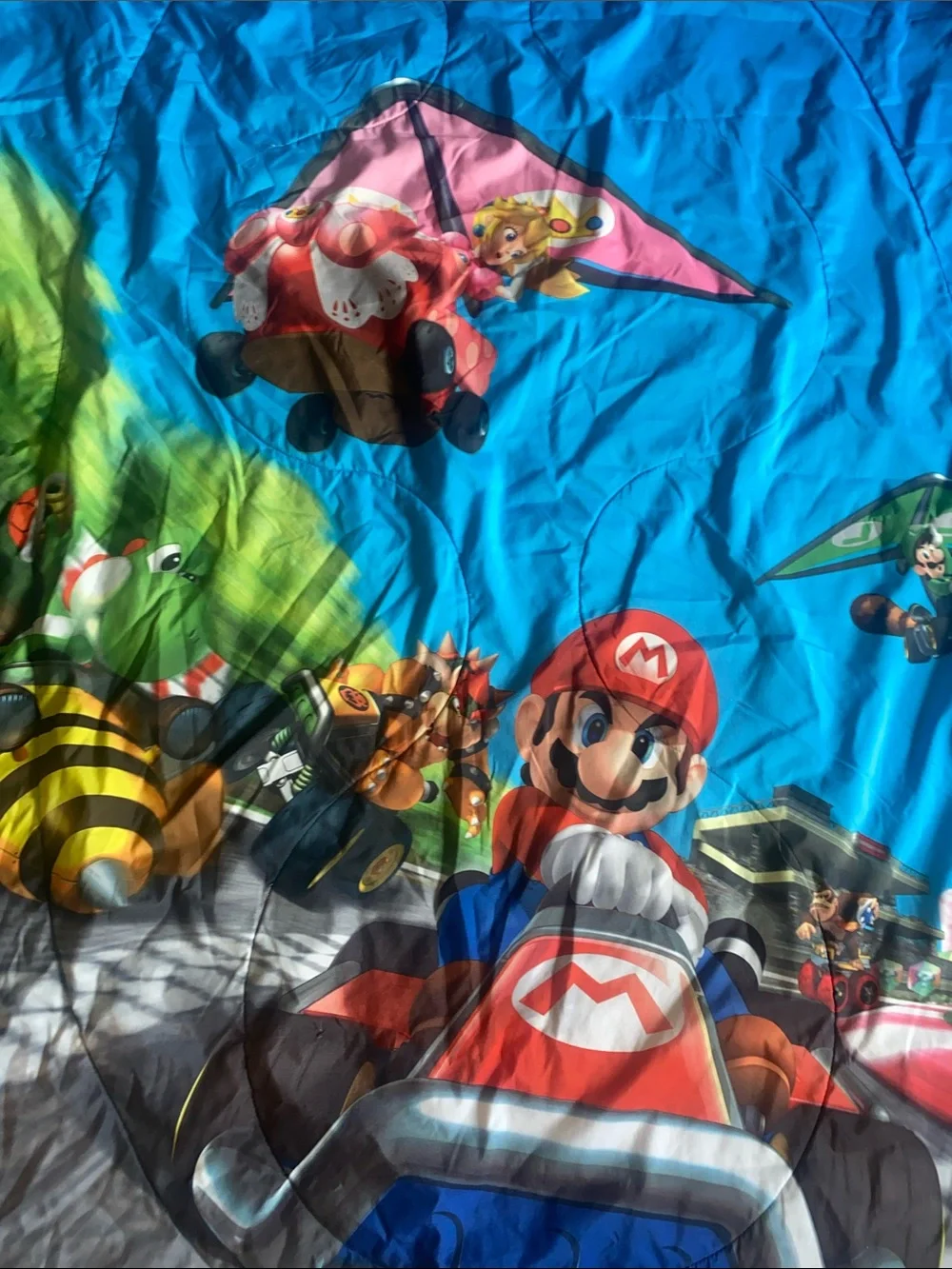 Nintendo double sided Blue Mario Kart twin Comforter with Red & Gray Accents